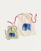 Set Tandani di 2 borse in cotone beige e verde con elefante blu ricamato