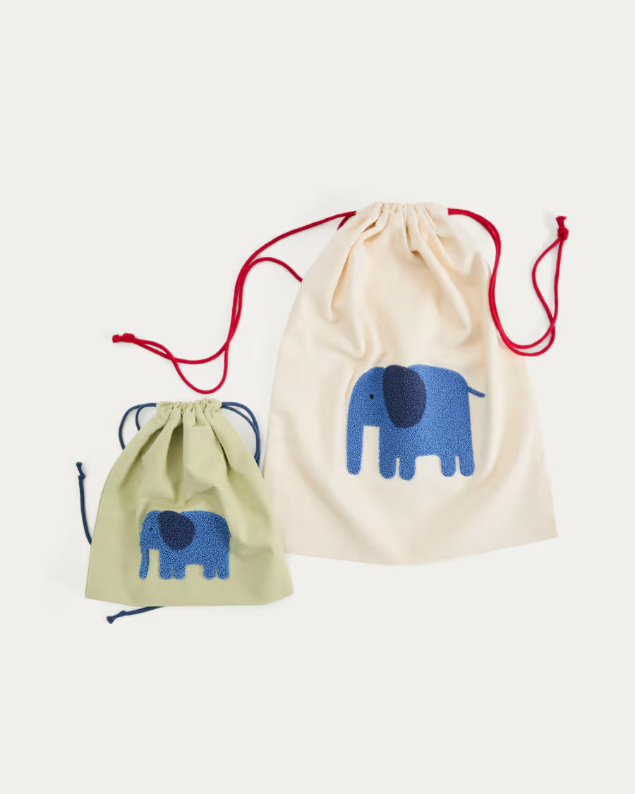 Set Tandani di 2 borse in cotone beige e verde con elefante blu ricamato