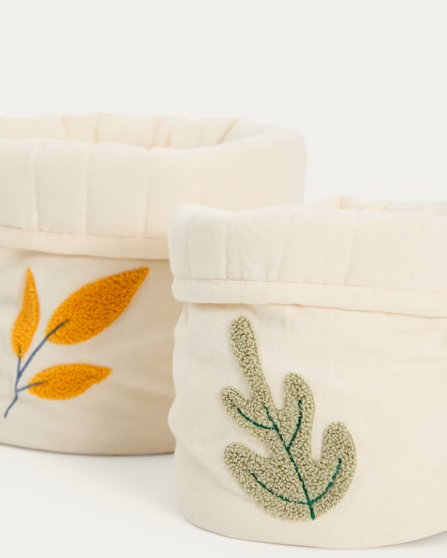 Set Tandani di 2 cesti per bambini in cotone beige con foglie ricamate