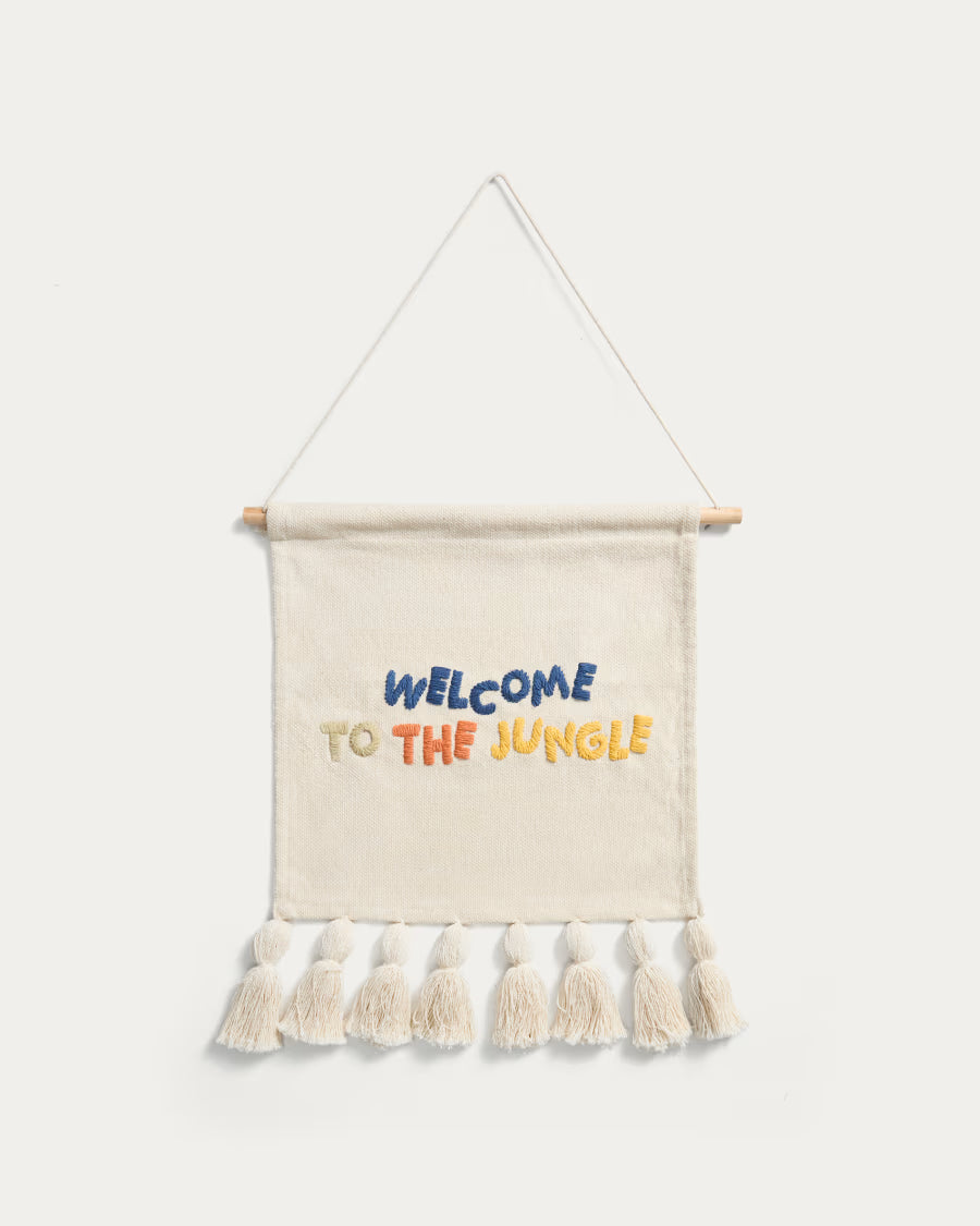 Arazzo Tandani in cotone beige con lettere multicolore e frange 40 x 50 cm