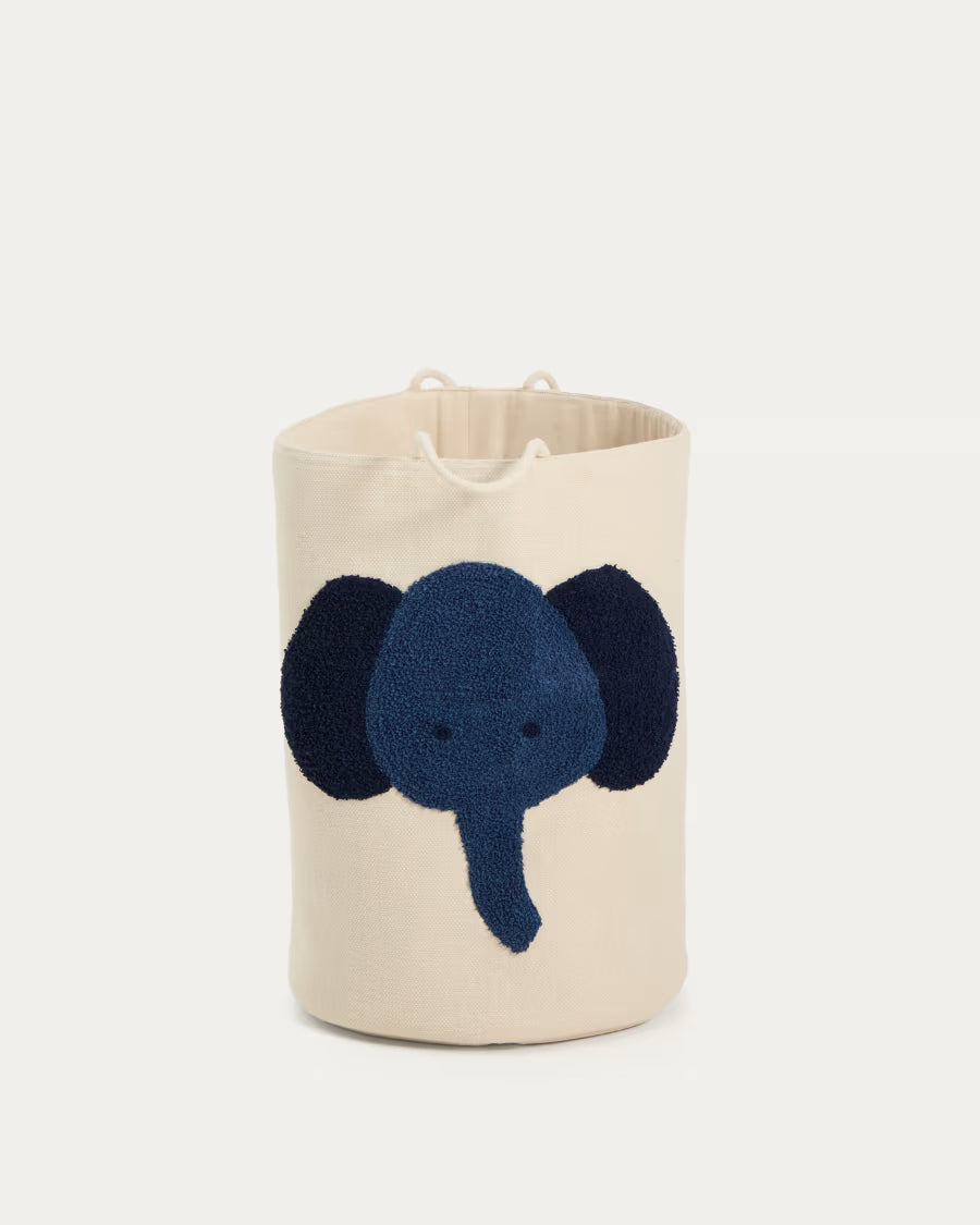 Cesta Tandani in cotone beige con elefante blu 50 cm