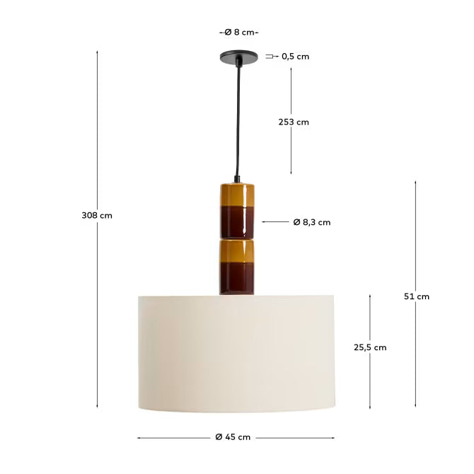 Lampada da soffitto Mavran in ceramica marrone e senape con paralume in cotone