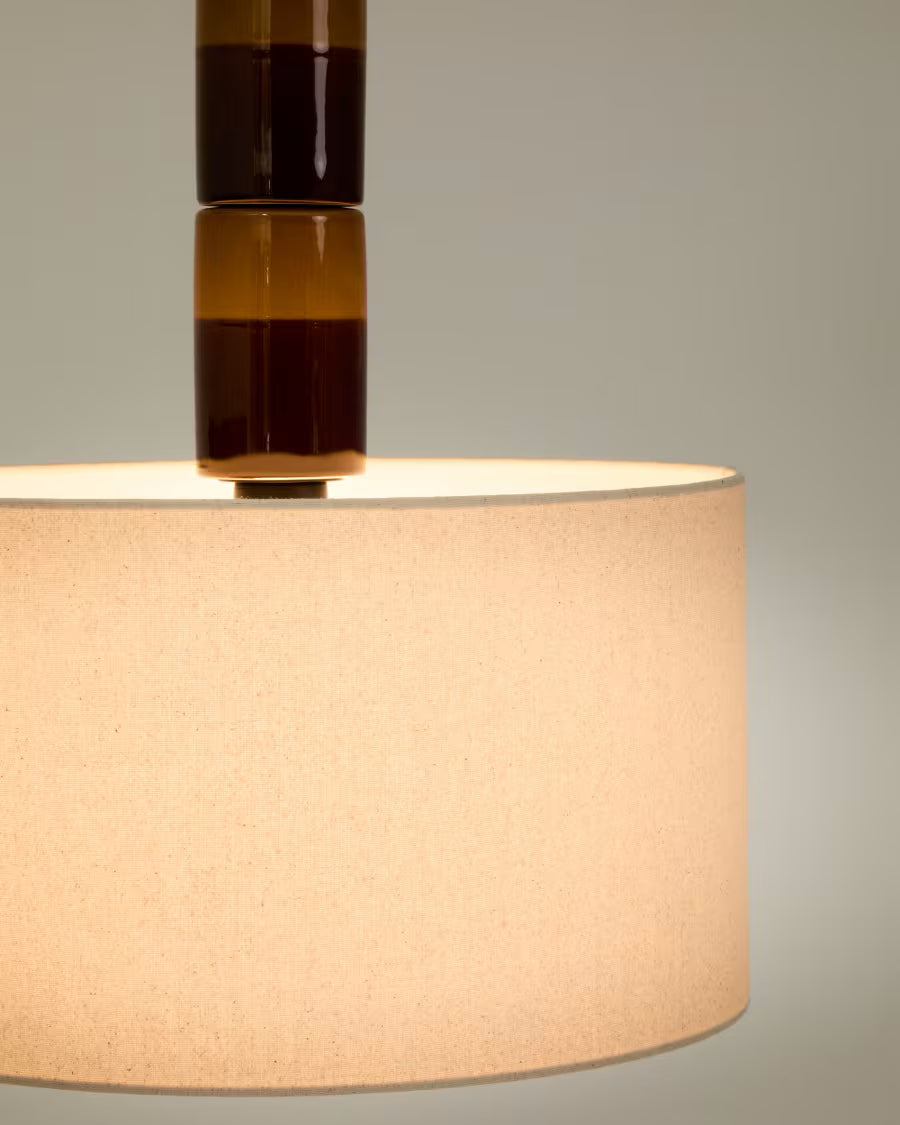 Lampada da soffitto Mavran in ceramica marrone e senape con paralume in cotone