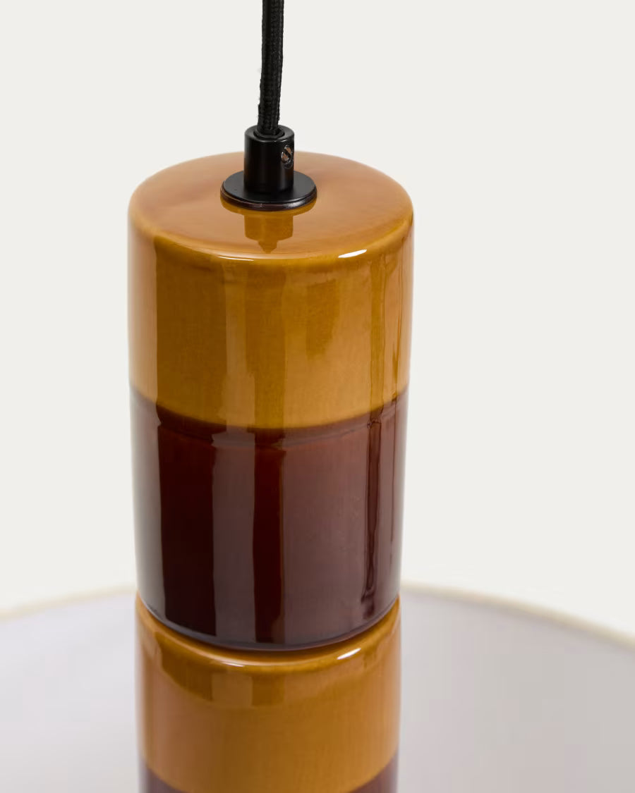 Lampada da soffitto Mavran in ceramica marrone e senape con paralume in cotone