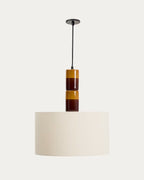 Lampada da soffitto Mavran in ceramica marrone e senape con paralume in cotone
