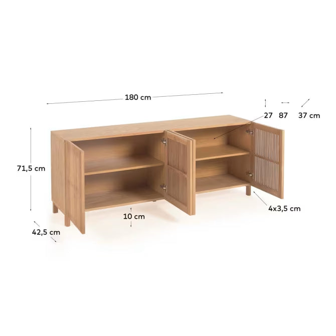 Credenza Beyla 4 ante in legno massiccio e impiallacciatura di rovere 180 x 71,5 cm FSC 100%