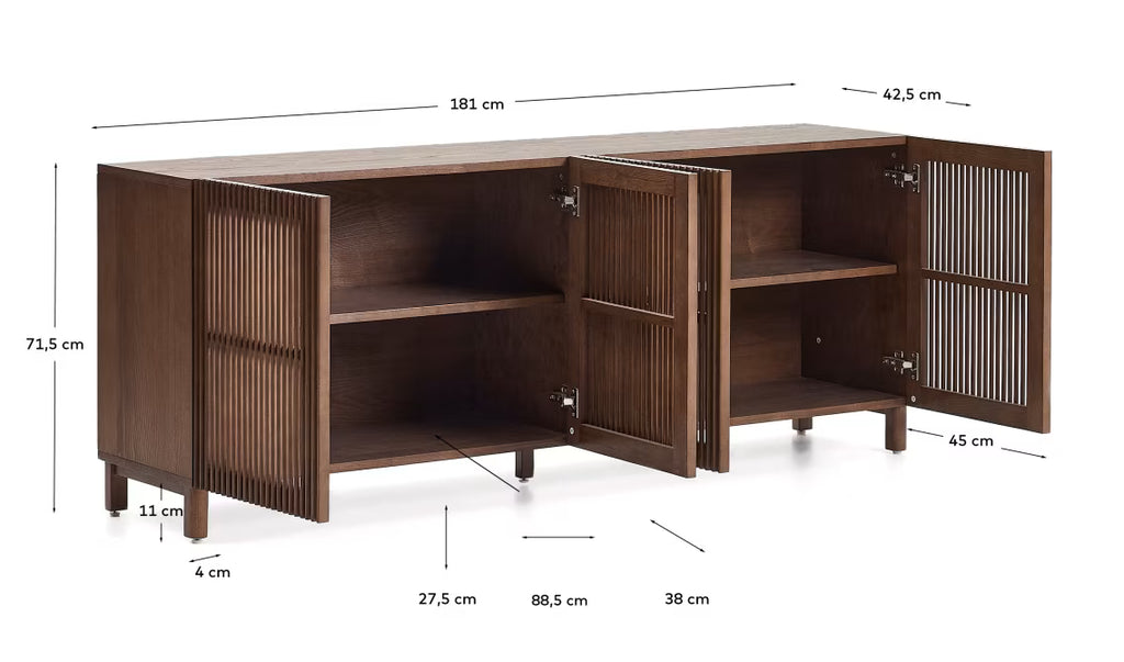 Credenza Beyla in impiallacciato e legno massiccio di frassino con finitura noce 181 x 71,5 cm