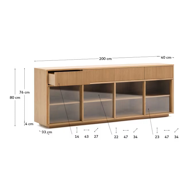 Credenza Helvine 4 ante e 4 cassetti impiallacciatura in rovere e vetro temperato 200x80cm FSC 100%