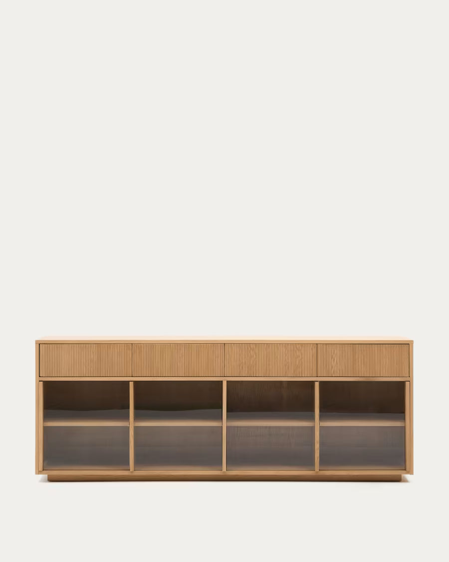 Credenza Helvine 4 ante e 4 cassetti impiallacciatura in rovere e vetro temperato 200x80cm FSC 100%