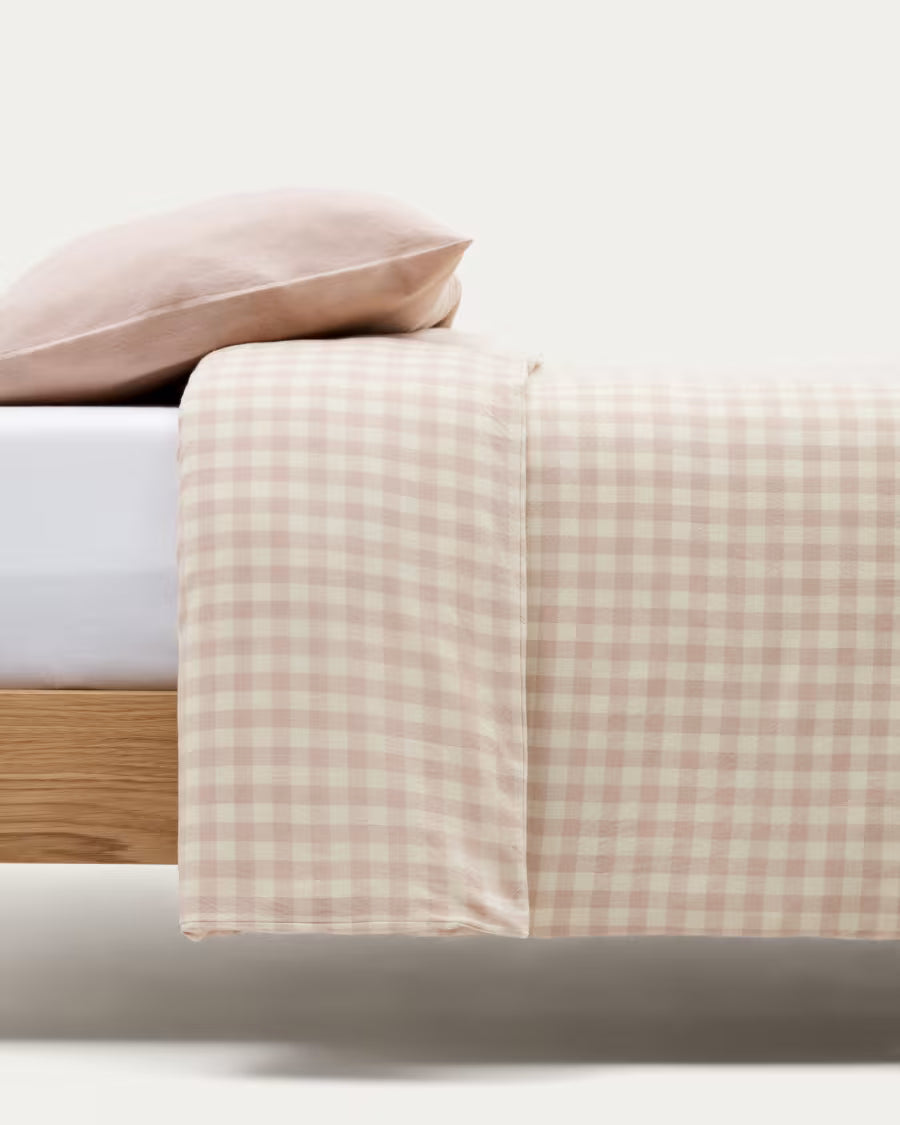 Set Yanil copripiumino, lenzuolo con angoli e federa 100% cotone a quadrati rosa e beige 70x140cm