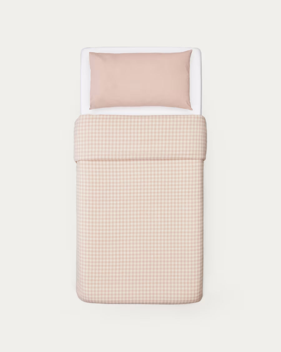 Set Yanil copripiumino, lenzuolo con angoli e federa 100% cotone a quadrati rosa e beige 70x140cm