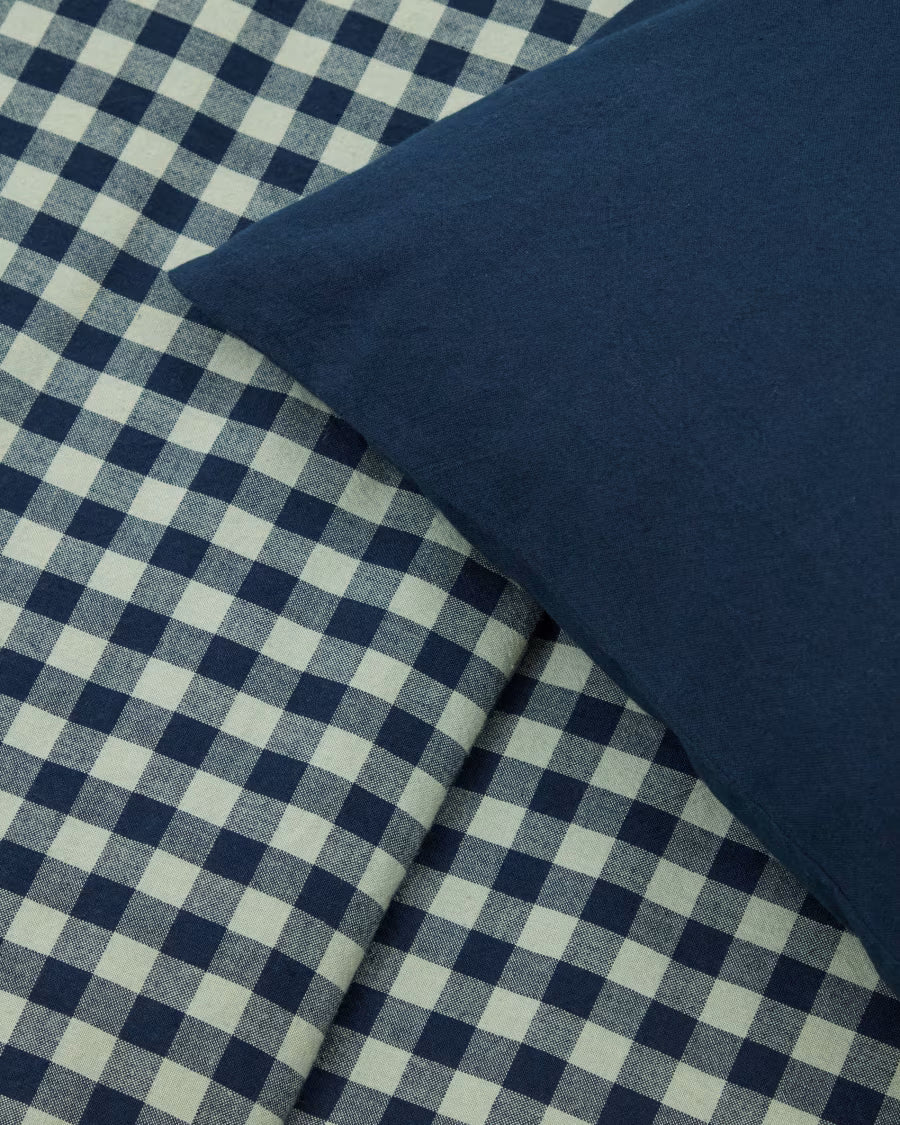 Set Yanil copripiumino, lenzuolo con angoli e federa 100% cotone a quadrati verde e blu 60x120cm