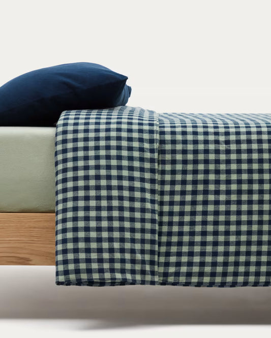 Set Yanil copripiumino, lenzuolo con angoli e federa 100% cotone a quadrati verde e blu 60x120cm