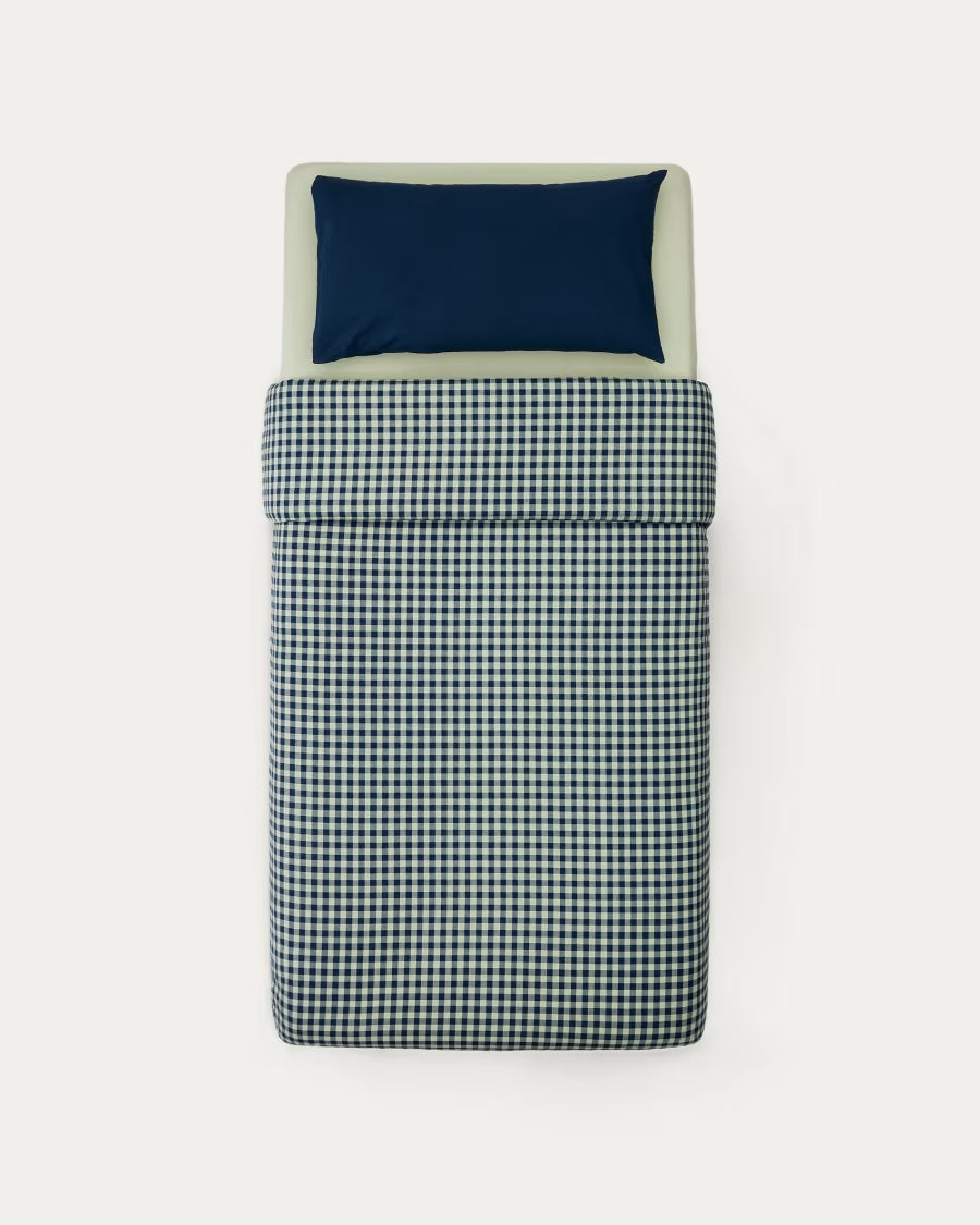 Set Yanil copripiumino, lenzuolo con angoli e federa 100% cotone a quadrati verde e blu 60x120cm