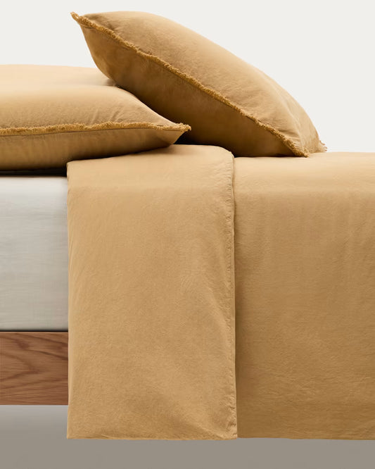 Set Sifinia copripiumino e federa 100% cotone percalle con frange mostarda letto 180 cm