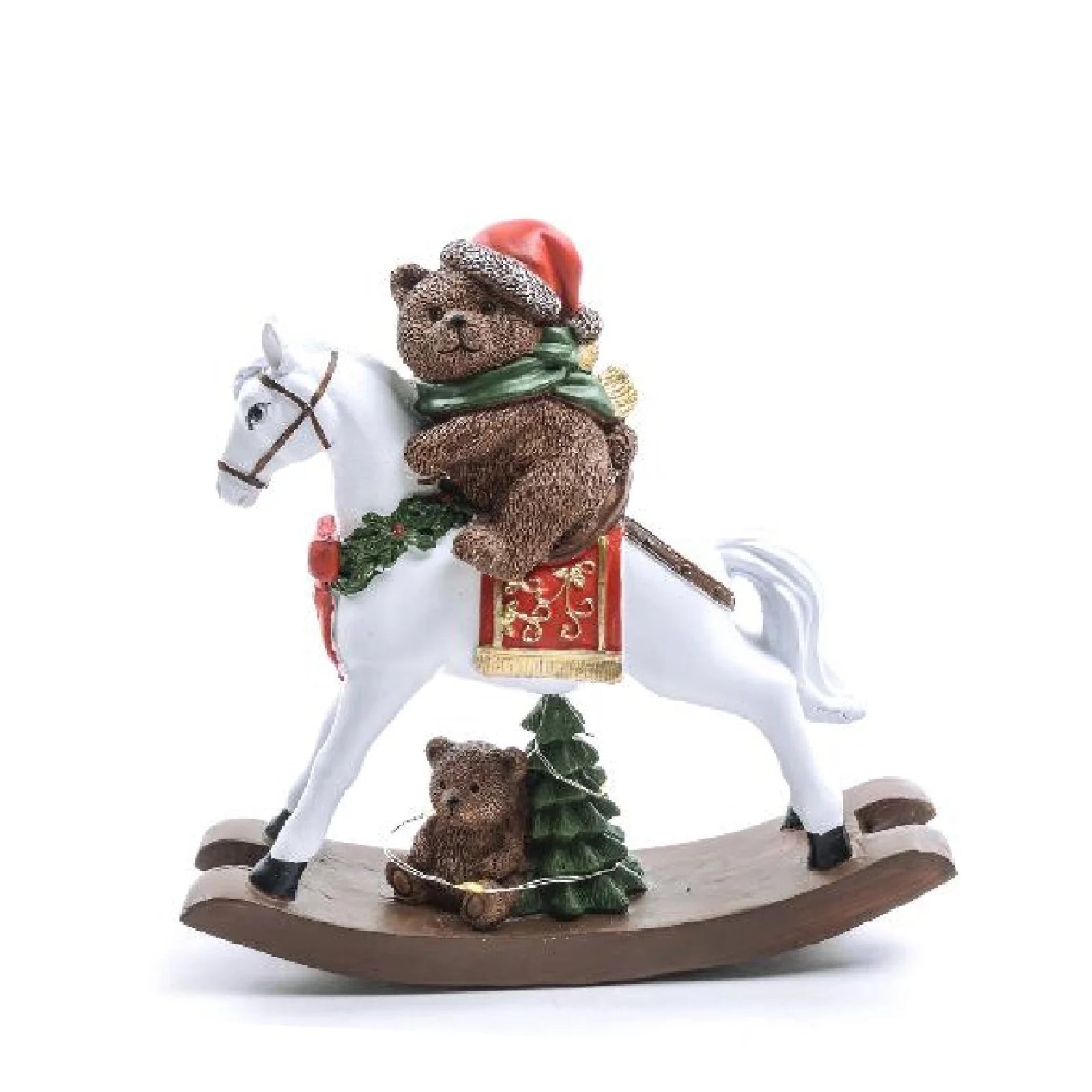 Orso su cavallo a dondolo in poliresina con luci a batteria