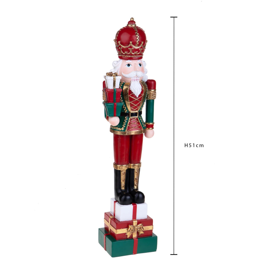 Statuetta soldato schiaccianoci con pacchi in resina h 51 cm