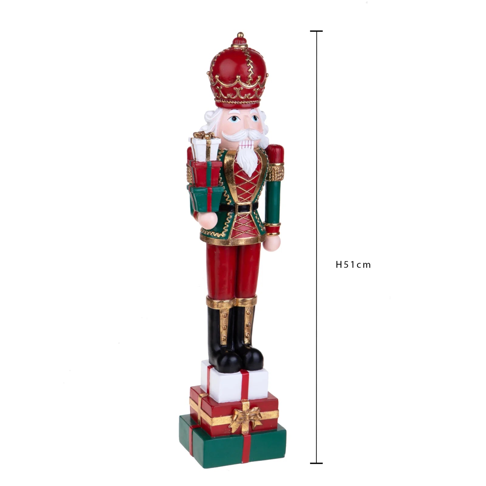 Statuetta soldato schiaccianoci con pacchi in resina h 51 cm