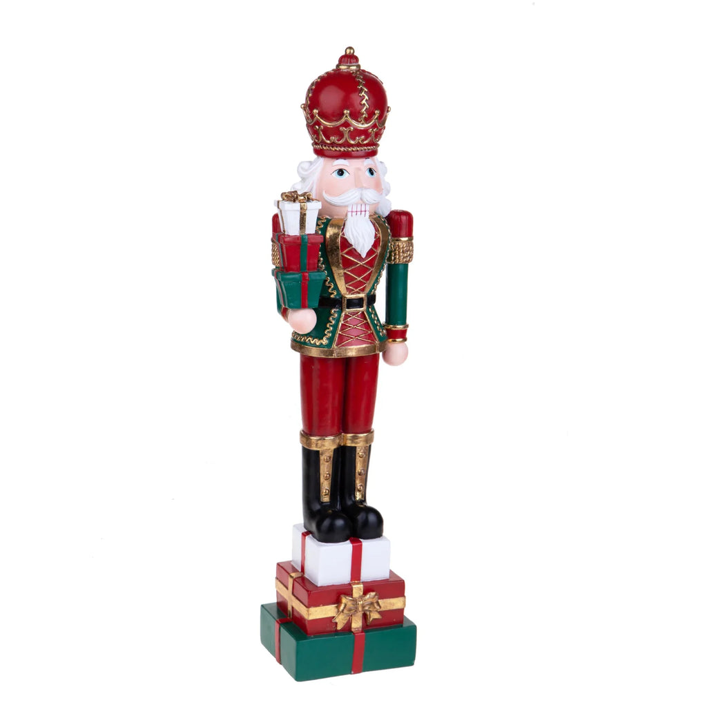 Statuetta soldato schiaccianoci con pacchi in resina h 51 cm