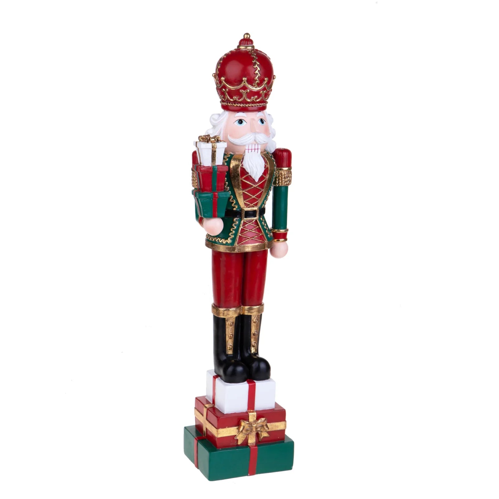 Statuetta soldato schiaccianoci con pacchi in resina h 51 cm