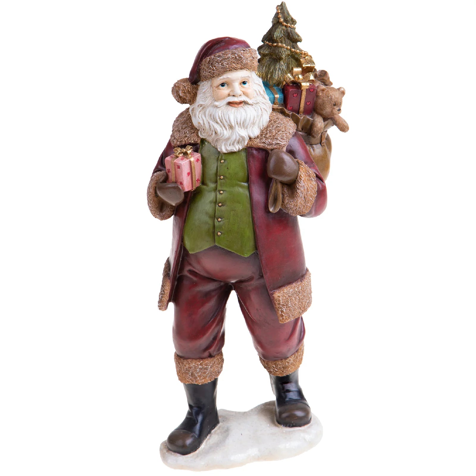 Statuetta babbo natale con sacco in resina per decorazioni natalizie