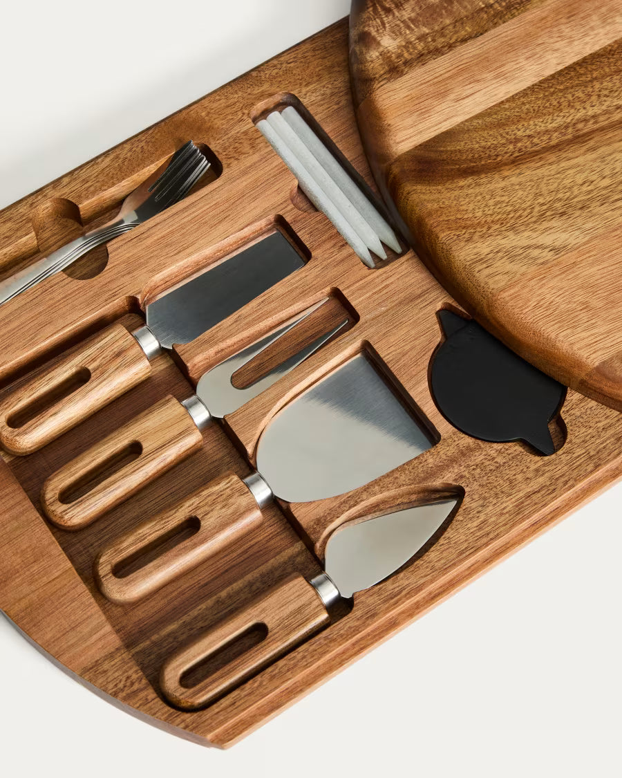 Set di posate e tagliere per formaggi Blera in legno di acacia FSC 100% e acciaio inox