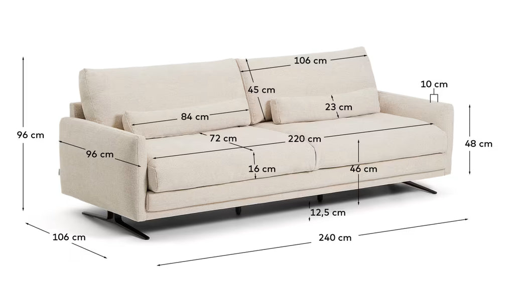 Divano Veliro 3 posti in ciniglia beige con gambe in acciaio finitura nera 240 cm FSC Mix Credit