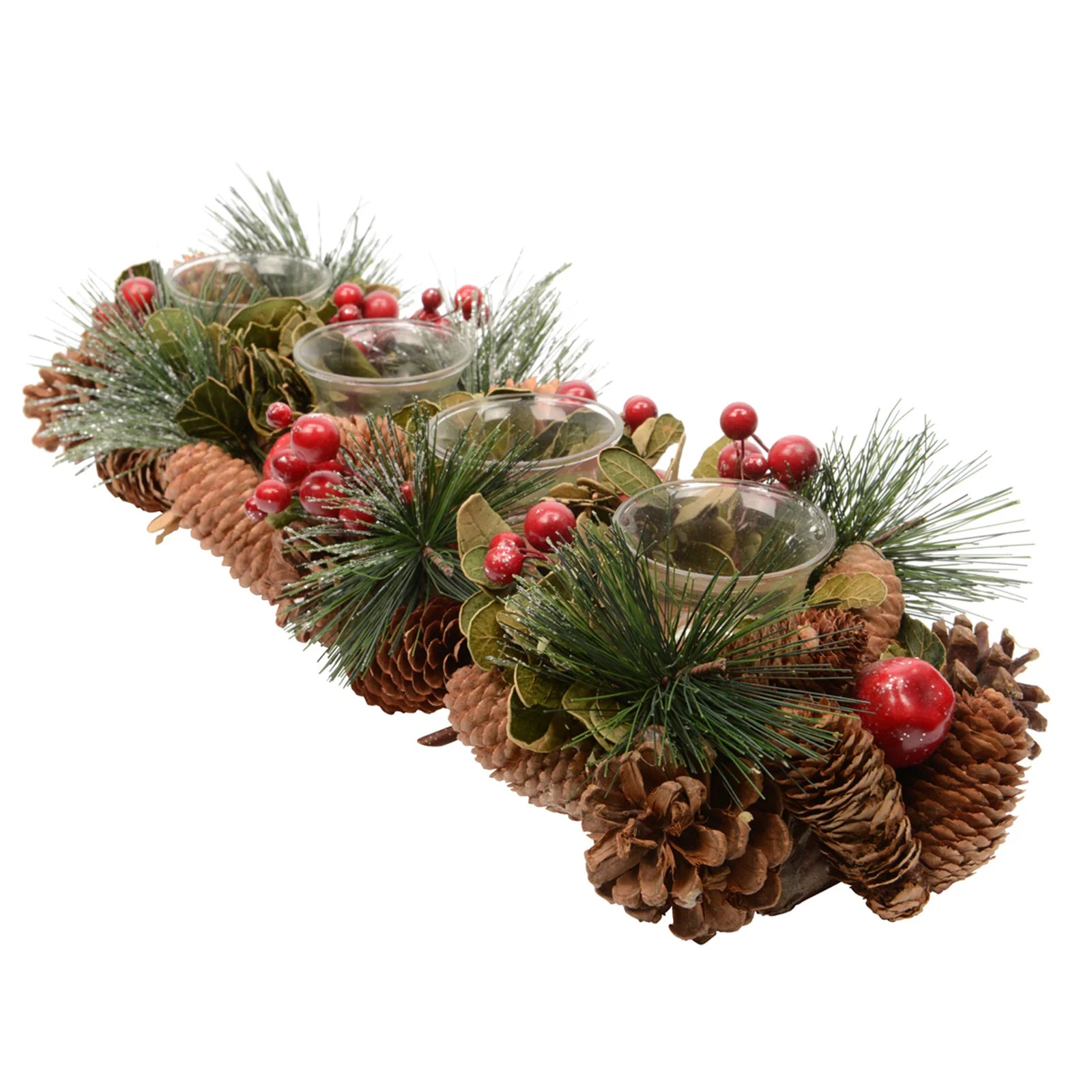 Portacandela rettangolare di Natale fatta di bacche e pigne per 4 candele da 47 cm