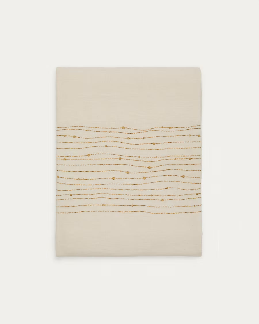 Tovaglia Flia in lino e cotone bianco con dettaglio ricamato di lurex dorato 250 X 150 cm