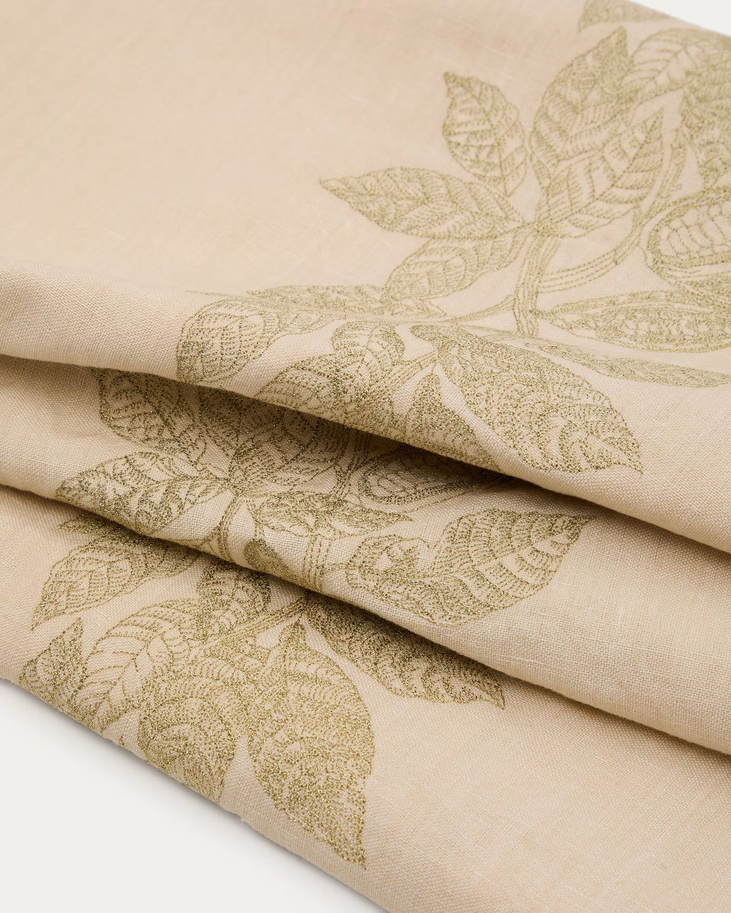 Tovaglia Oreti beige in cotone e lino beige ricamato con cacao di lurex dorato 150x250cm
