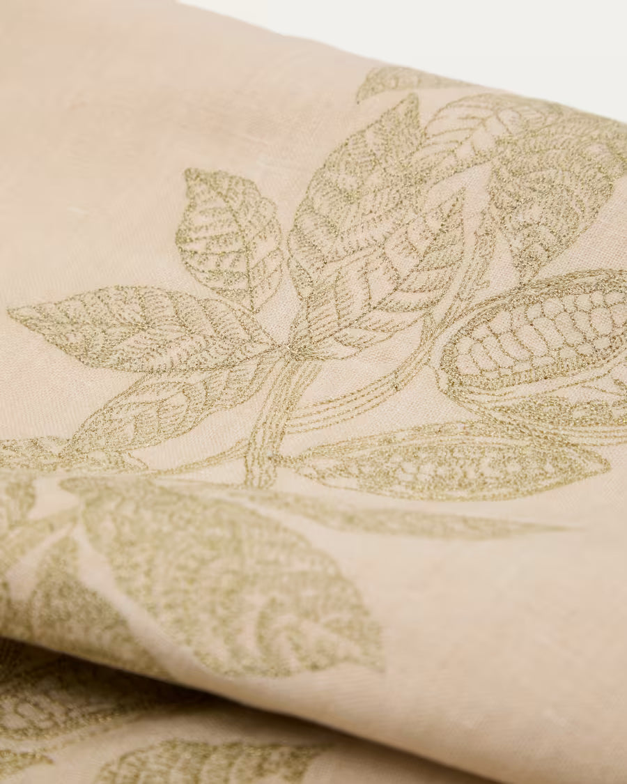 Tovaglia Oreti beige in cotone e lino beige ricamato con cacao di lurex dorato 150x250cm