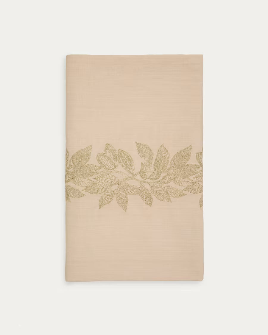 Tovaglia Oreti beige in cotone e lino beige ricamato con cacao di lurex dorato 150x250cm