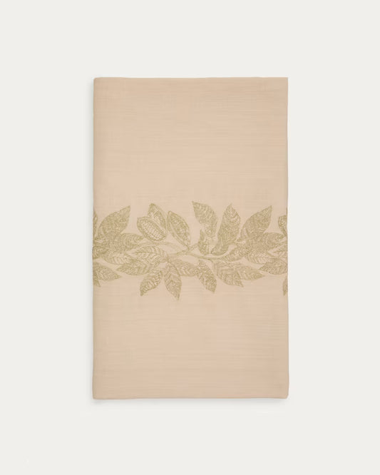 Tovaglia Oreti beige in cotone e lino beige ricamato con cacao di lurex dorato 150x250cm