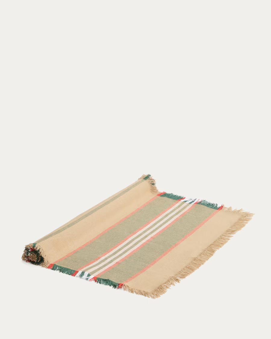 Runner da tavola Davia in 100% cotone verde a righe con frange 50 x 150 cm