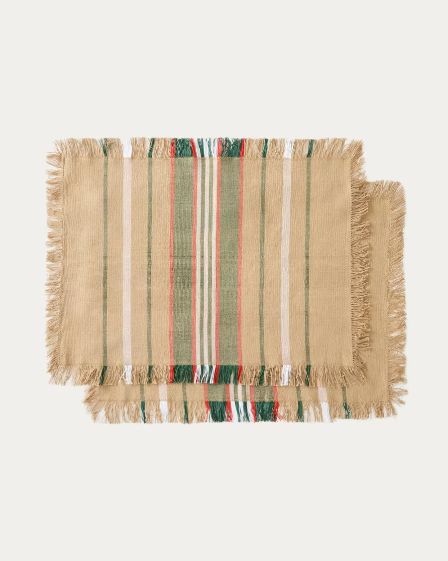 Set di 2 tovagliette Davia 100% cotone verde a righe con frange 35 x 50 cm