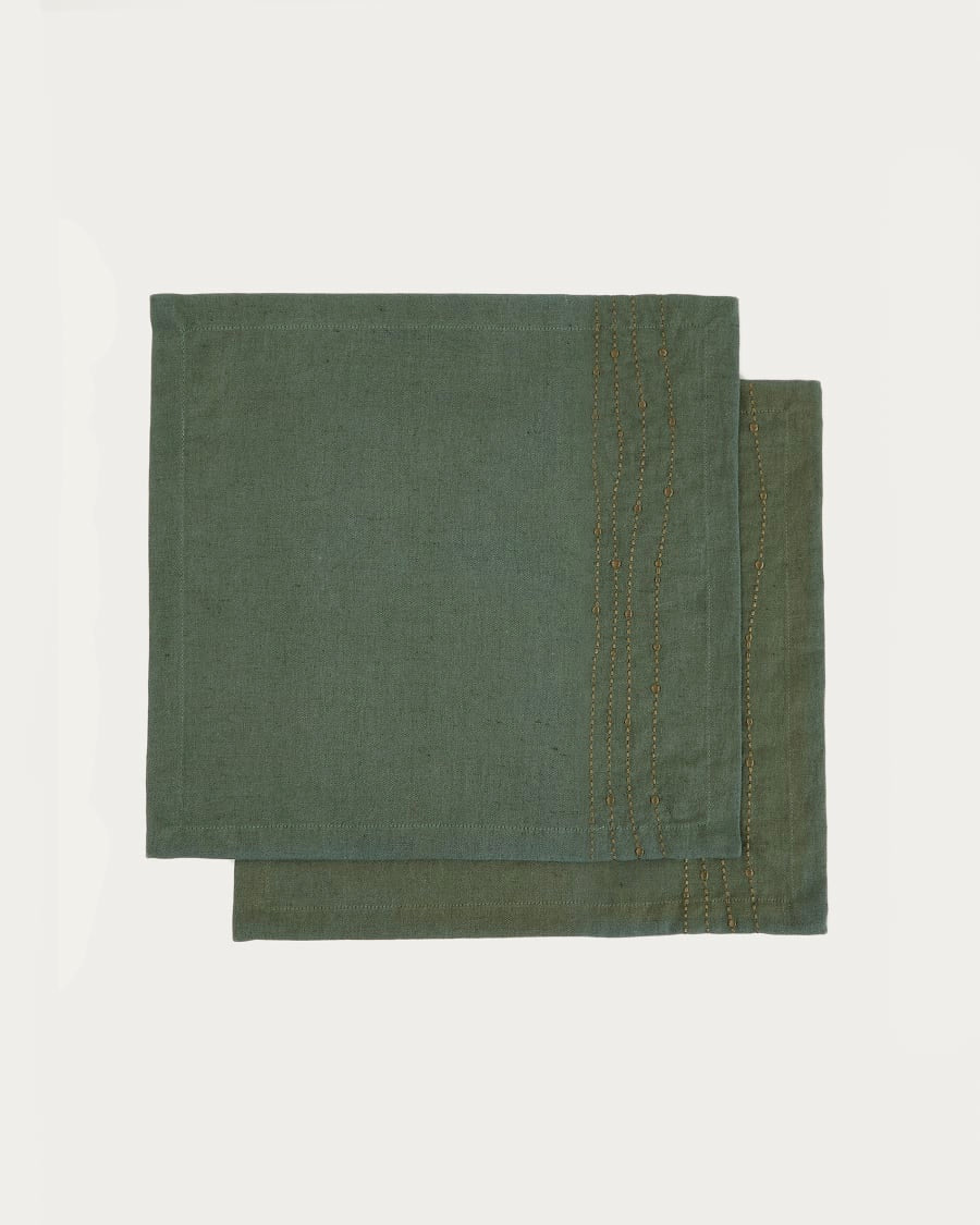 Set di 2 tovaglioli Flia in lino e cotone verde con ricamo in lurex dorato 30 x 30 cm