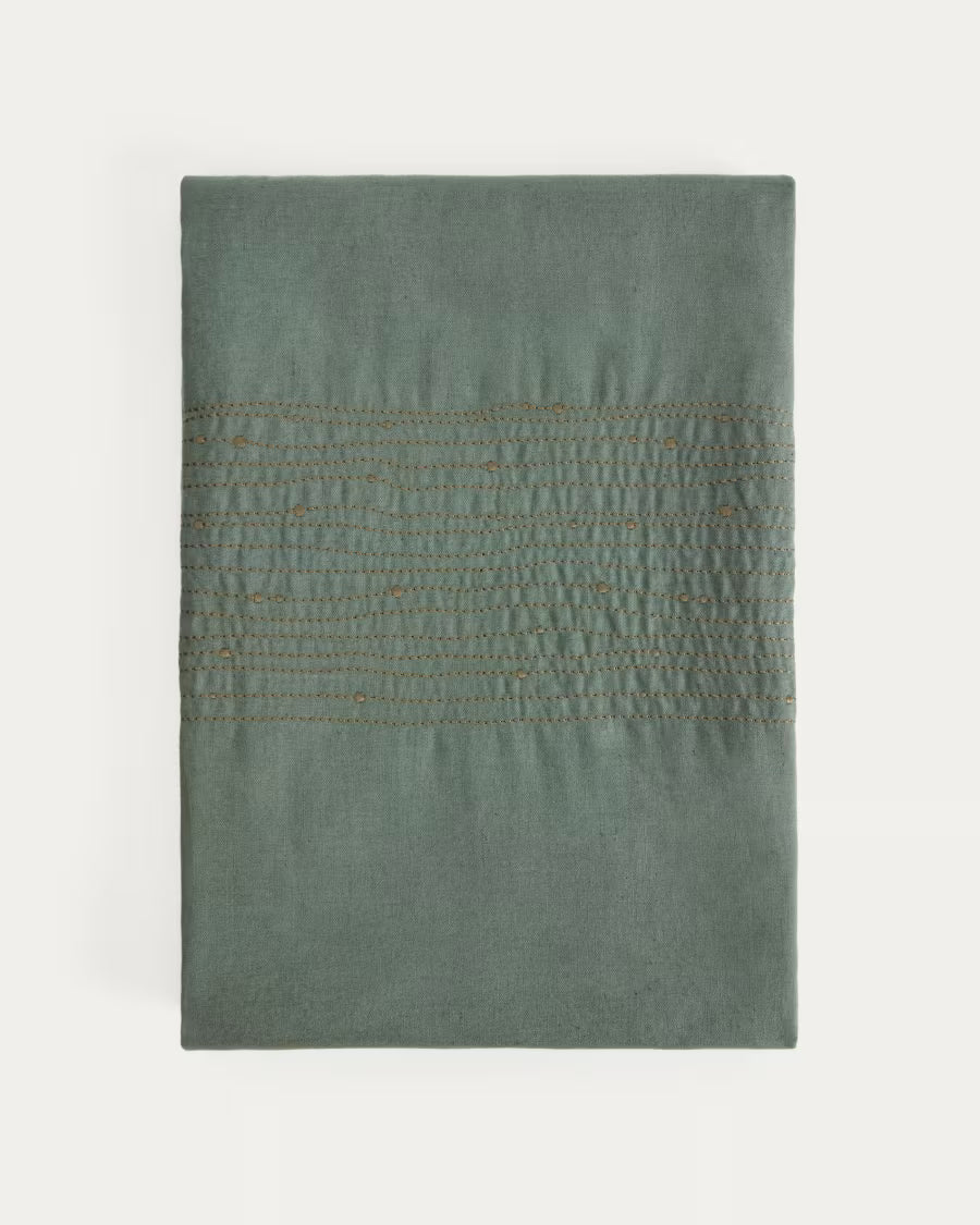 Tovaglia Flia in lino e cotone verde con ricamo in lurex dorato 150 x 250 cm
