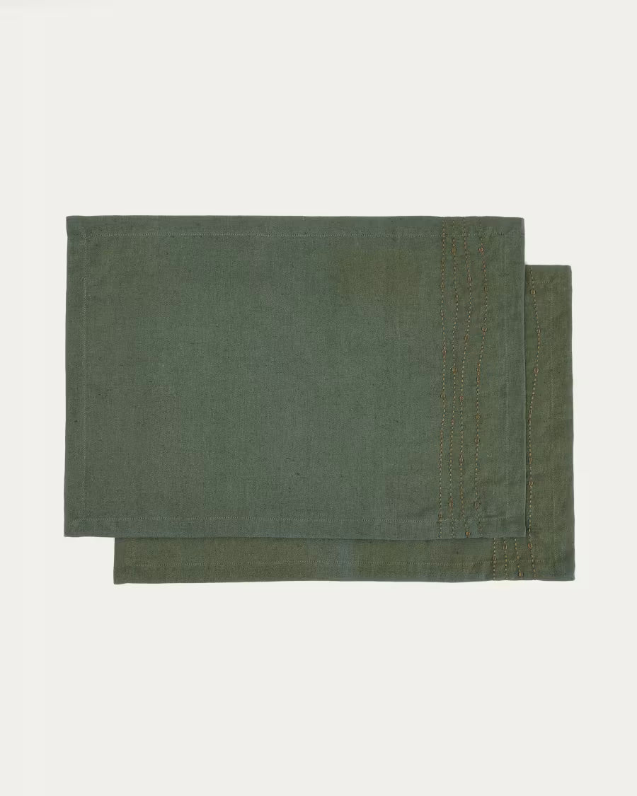 Set di 2 tovagliette Flia in lino e cotone verde con ricamo in lurex verde 30 x 50 cm