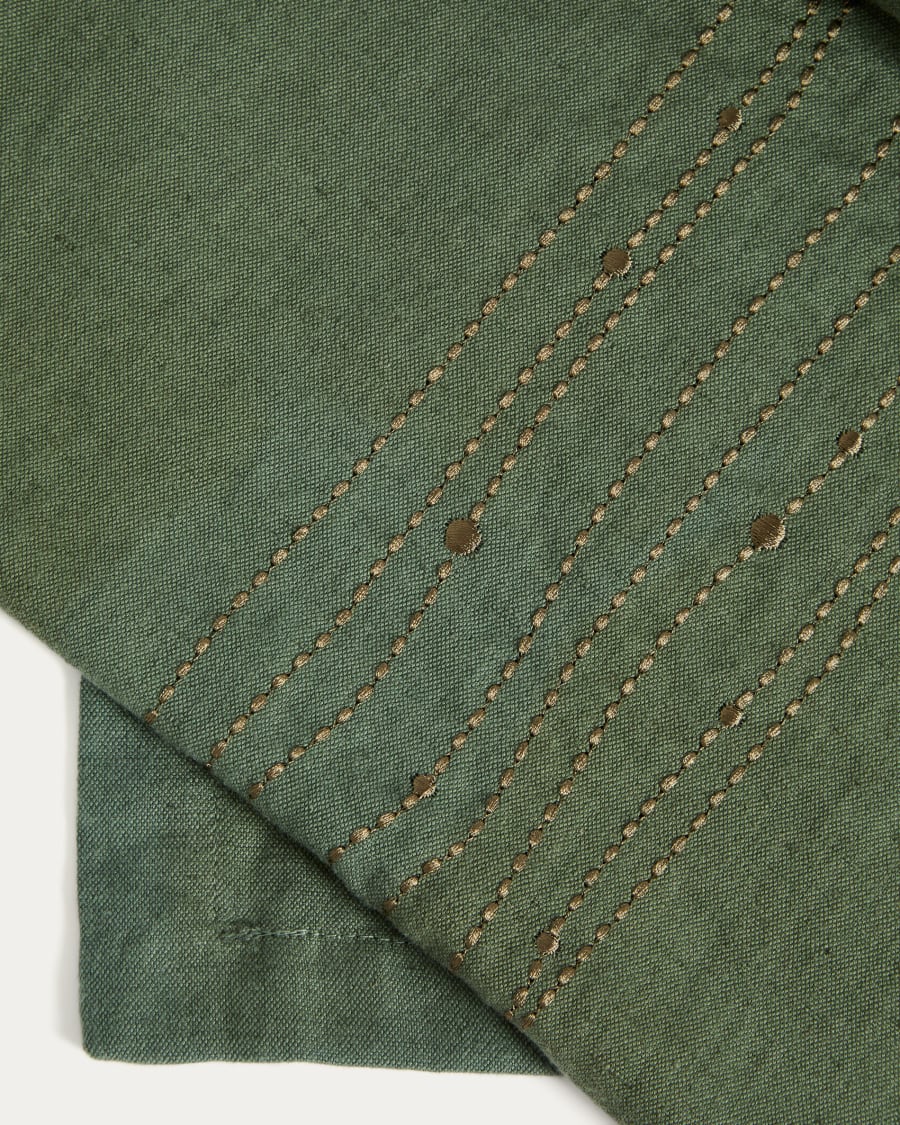 Runner da tavola Flia in lino e cotone verde, con ricamo in lurex verde 50 x 150 cm.