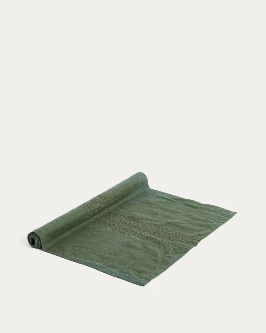Runner da tavola Flia in lino e cotone verde, con ricamo in lurex verde 50 x 150 cm.