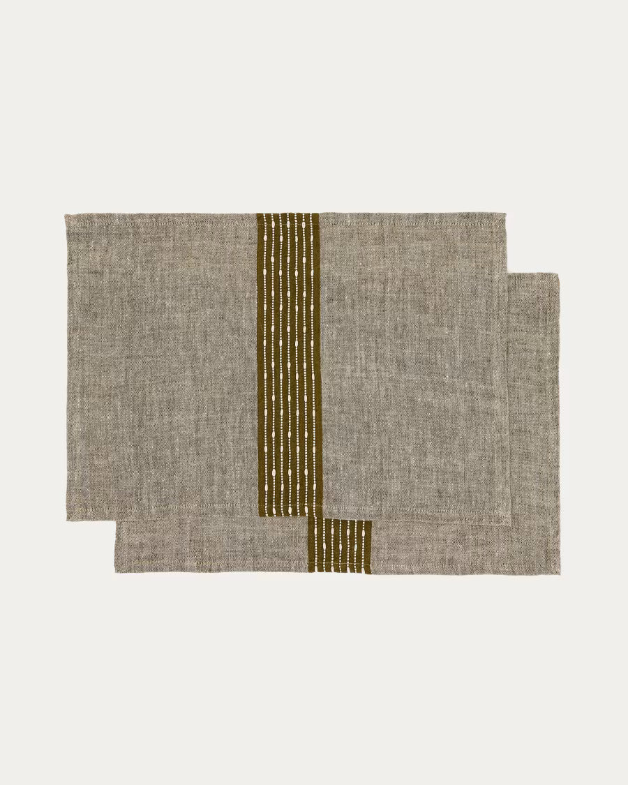 Set Calena di 2 tovagliette in jacquard di lino con riga centrale verde 35 x 50 cm