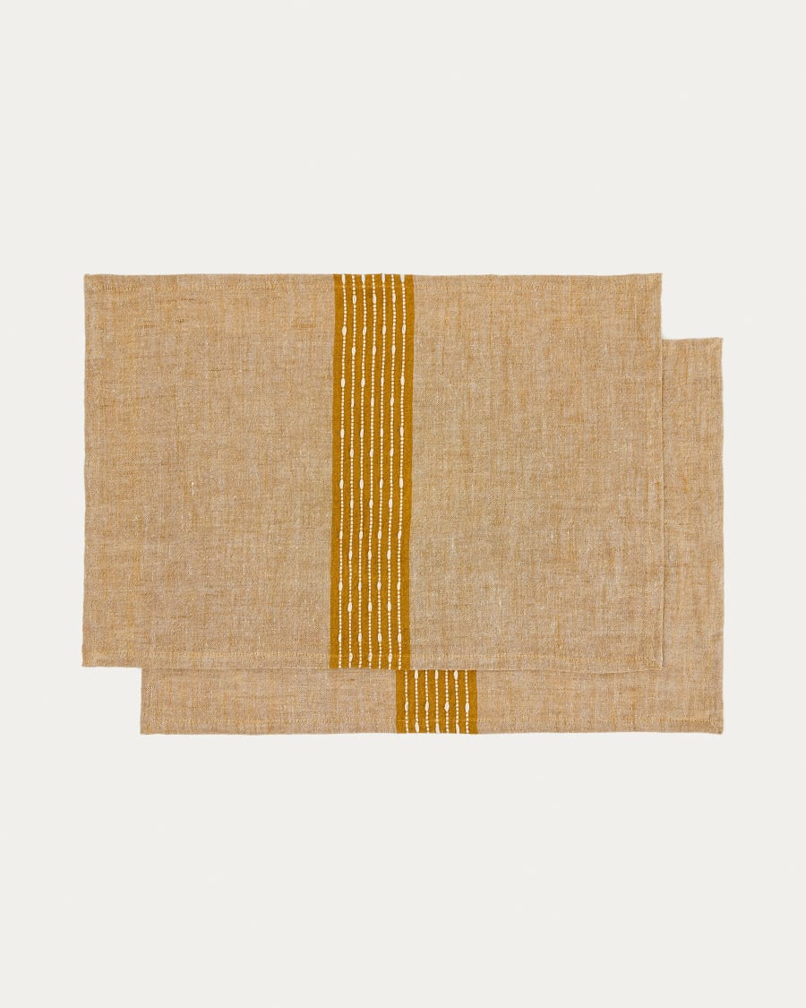 Set Calena di 2 tovagliette in jacquard di lino con riga centrale senape 35 x 50 cm