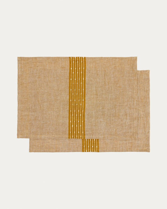 Set Calena di 2 tovagliette in jacquard di lino con riga centrale senape 35 x 50 cm