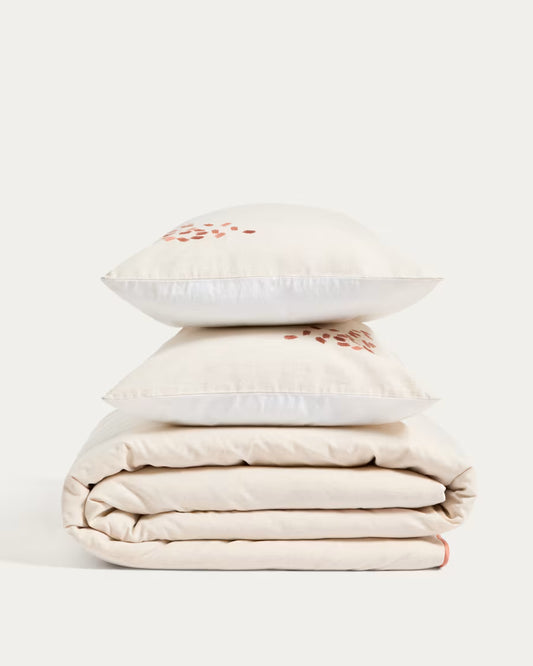 Set Virelda con copripiumino e federa in cotone e lino beige con ricamo, per letto da 90 cm