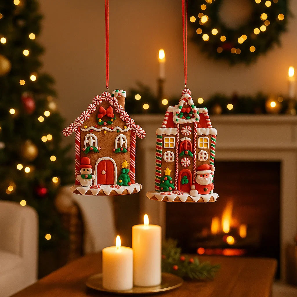 Pendaglio a forma di casa natalizia con babbo natale in argilla morbida h 12 cm