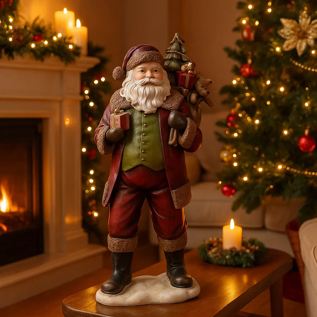 Statuetta babbo natale con sacco in resina per decorazioni natalizie