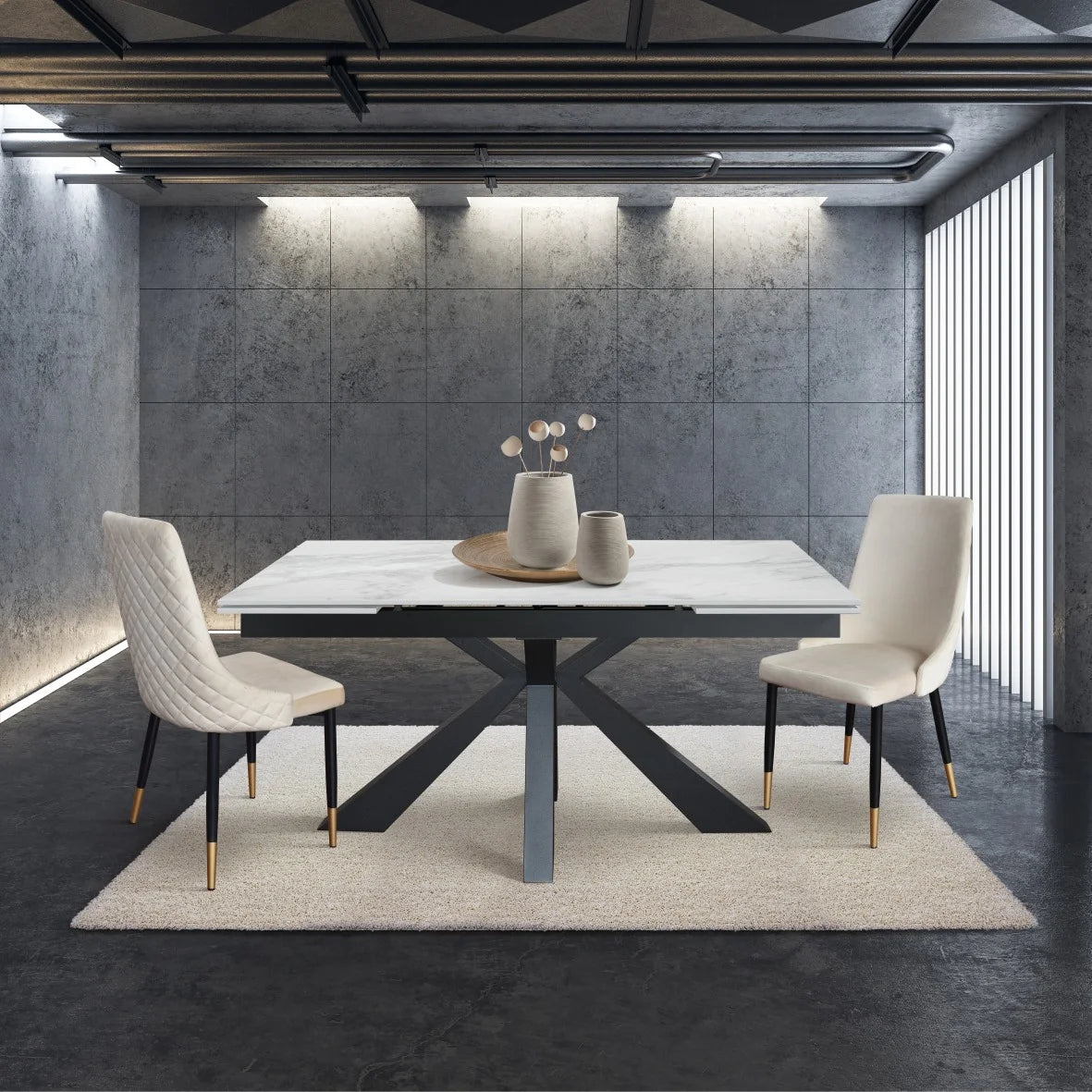 Tavolo BEVERLY HILLS in vetroceramica effetto marmo statuario e metallo verniciato antracite