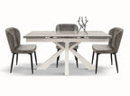 Tavolo BEVERLY HILLS in vetroceramica effetto marmo statuario e metallo bianco, allungabile