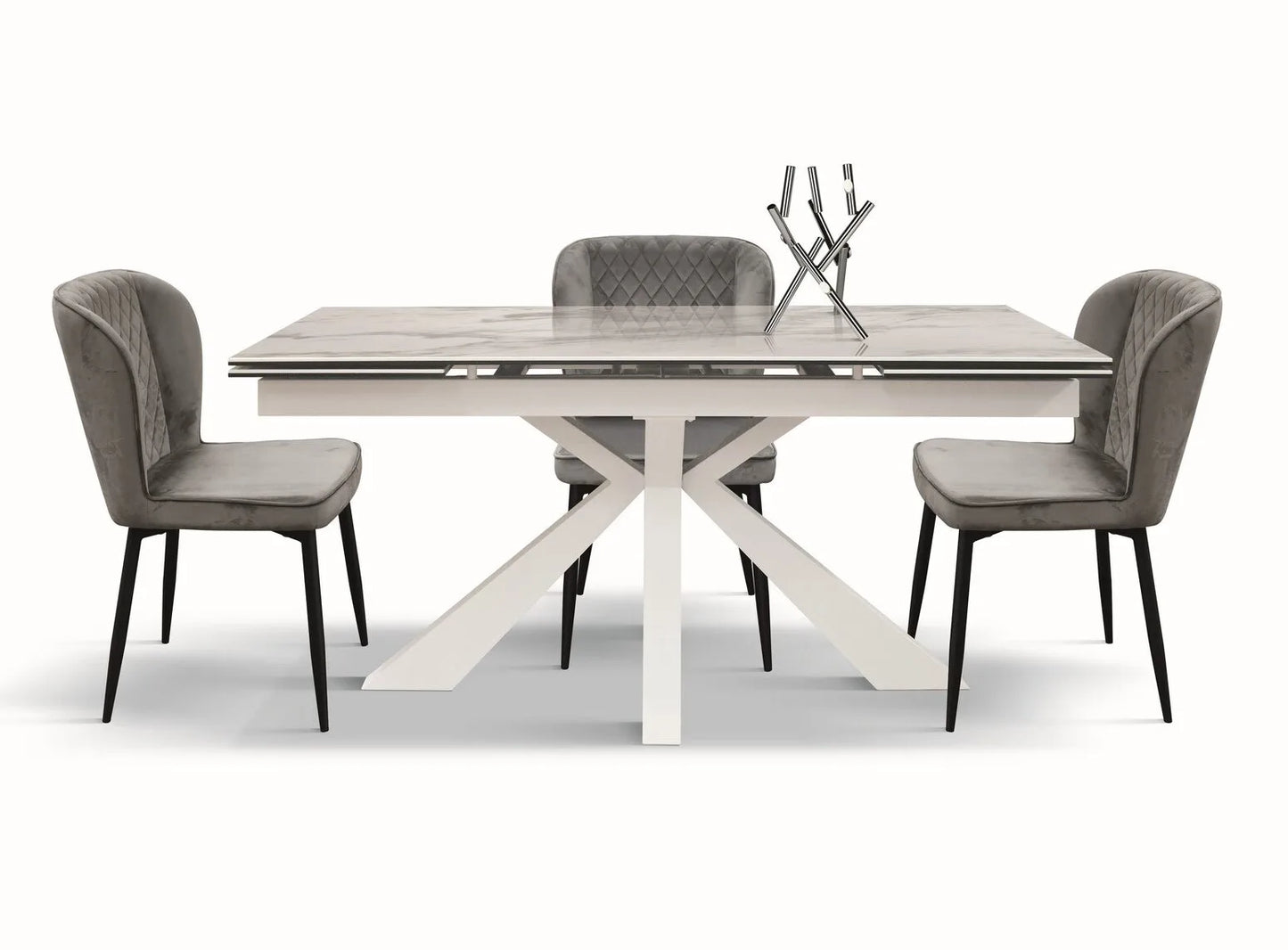 Tavolo BEVERLY HILLS in vetroceramica effetto marmo statuario e metallo bianco, allungabile