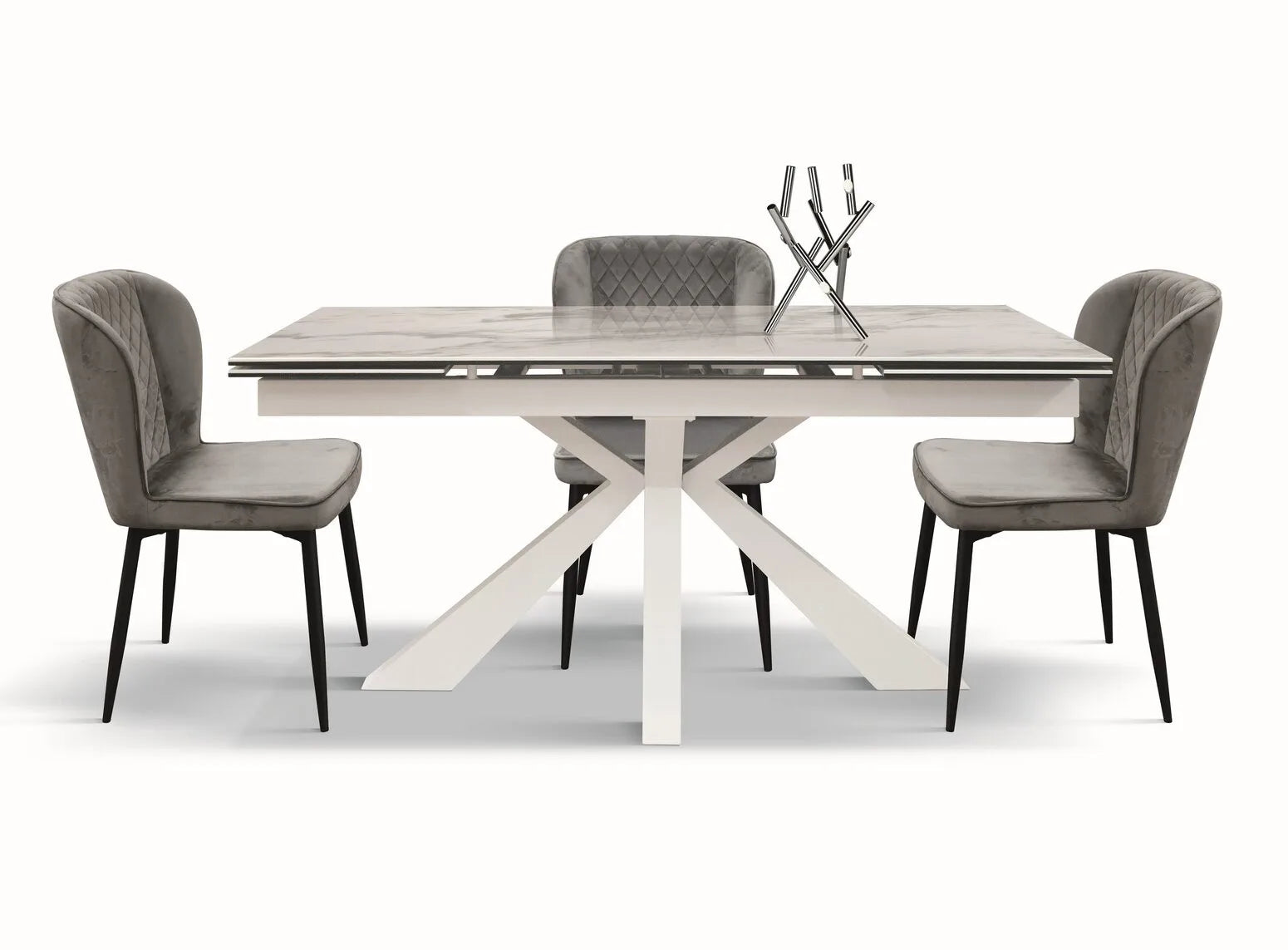 Tavolo BEVERLY HILLS in vetroceramica effetto marmo statuario e metallo bianco, allungabile